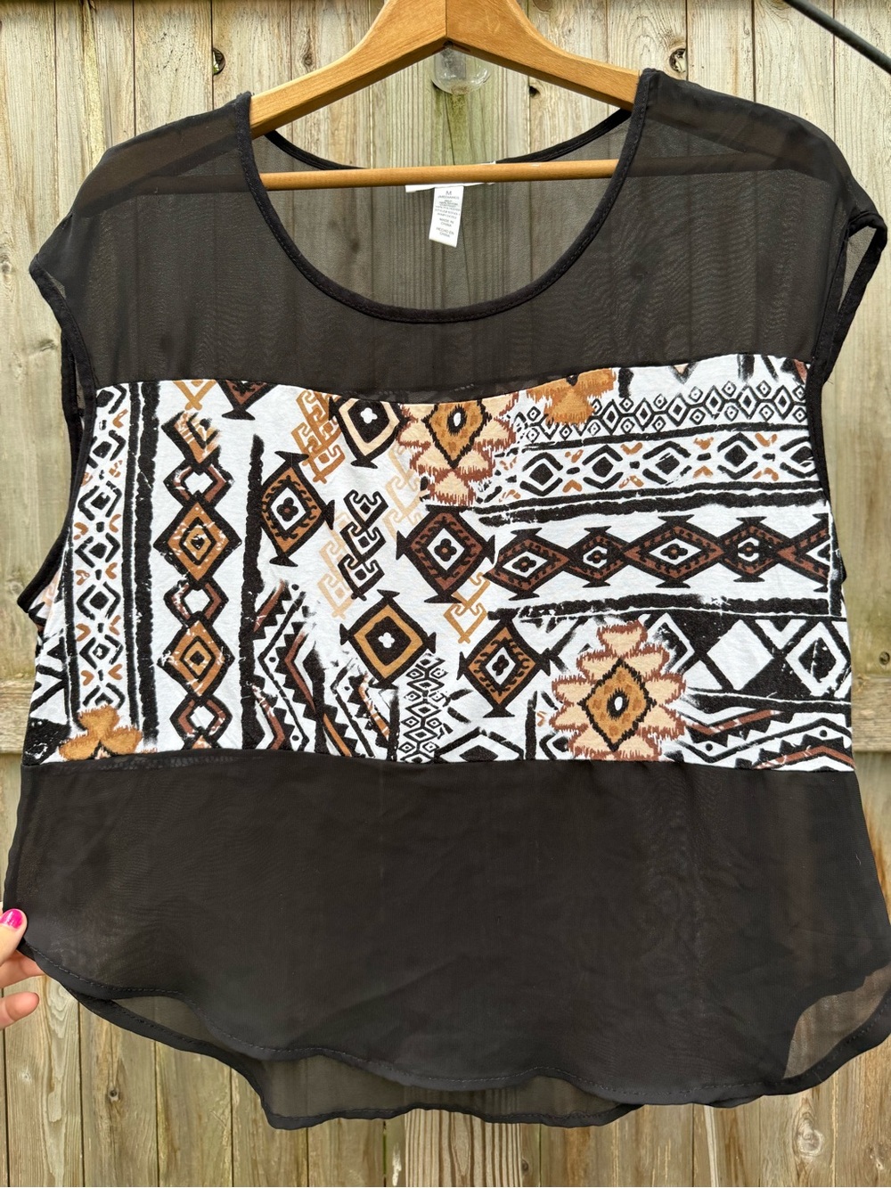 Ambiance Black Sheer Top Shirt Brown and White Aztec Panel Festival Beach Summer